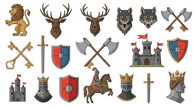 Massive vintage collection of medieval heraldry icons including shields crown knight castle axes and animal heads.
