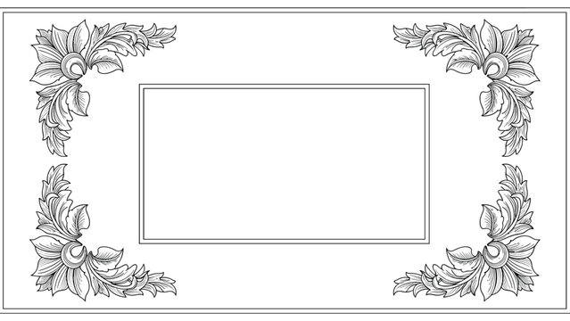 Decorative rectangular frame with intricate botanical leaf scrolls and baroque style corner ornaments in line art.