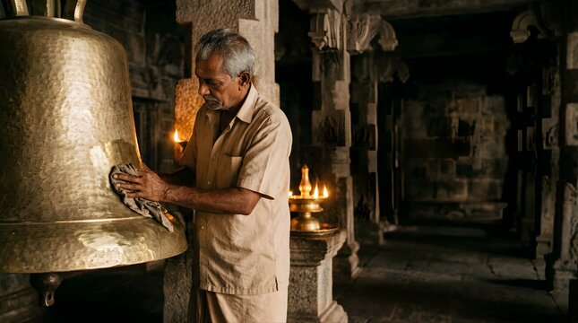 Indian man polishing a large bronze temple bell by candlelight inside shrine