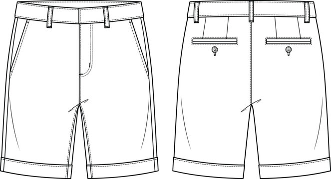 Fashion flat sketch of casual chino shorts with cuffed hems and back button pockets vector illustration