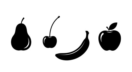 Four black silhouettes of fruit on white background with apple black silhouette cherry banana apple pear cherry illustration graphic healthy © Kamola