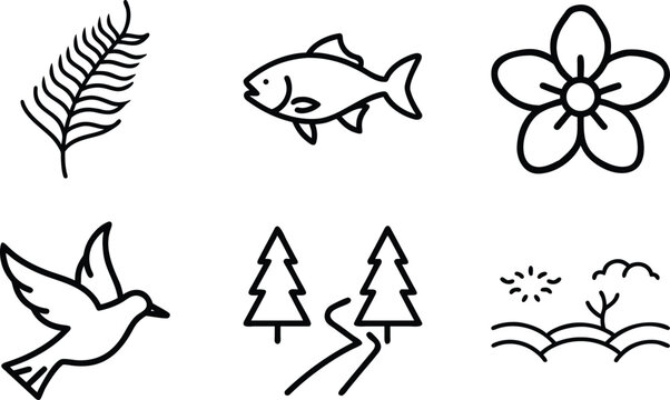 Nature and wildlife landscape icons set with fern leaf fish silhouette tropical flower flying bird forest path through pine trees and desert hills.