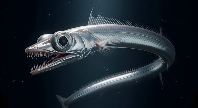 Deep sea viperfish with sharp teeth swims in dark ocean water with glowing eyes