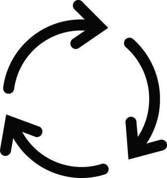 A minimalist black recycle arrows icon featuring a circular loop with three chasing arrows, isolated on a transparent background.