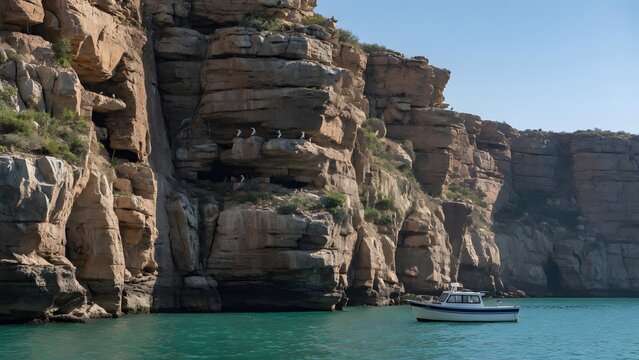 a boat floating on turquoise water between lush canyon cliffs under a clear blue sky, inaccessible ledges and sheltered rock recesses functioning as secure nesting zones within the canyon habitat, cle