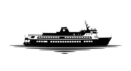 Large ferry boat silhouette on calm water with black silhouette transportation nautical vehicle sailing vessel marine travel ocean ship with sea © Kamola