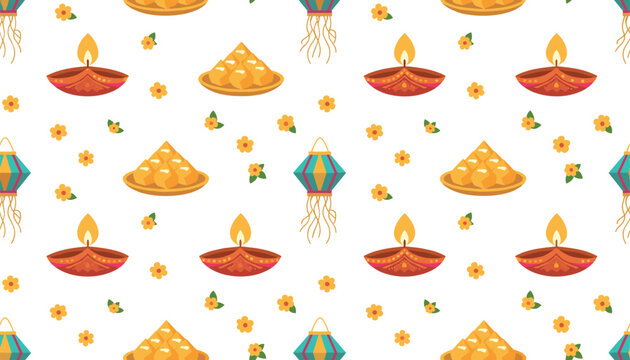 Beautiful Diwali festival seamless pattern with burning clay diyas, traditional sweets, lanterns, and flowers.