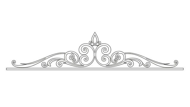 Symmetric vintage tiara ornament or divider border with baroque floral scrolls and curls in thin line style.