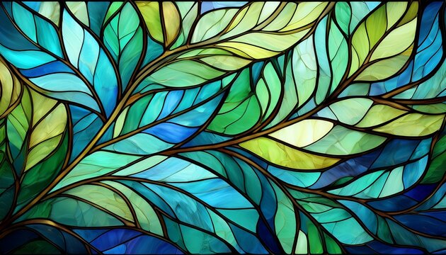 abstract stained glass leaves background with green blue mosaic glass florals