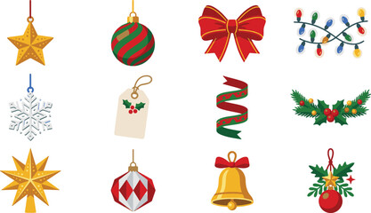 Obraz premium Set of colorful christmas decorations and holiday ornaments for winter seasons Vector
