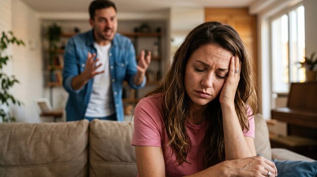 Stressed young woman sitting on couch while husband argues in background, domestic conflict in living room, argument