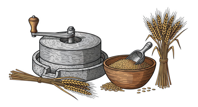 Vintage hand quern stone mill with wooden bowl filled with grain and ripe wheat spikes in detailed engraving style.