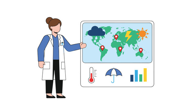 Female meteorologist presenting global weather forecasts and climatology data on a large interactive world map.