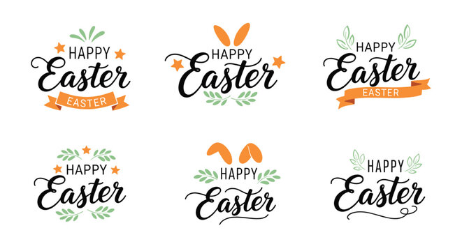 Set of six elegant Happy Easter script typography logos decorated with bunny ears, stars, and green leaves.