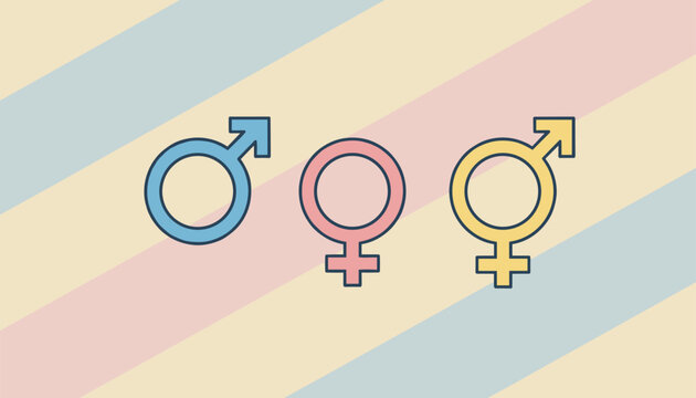 Flat design illustration of gender symbols representing male, female, and non-binary transgender identity.