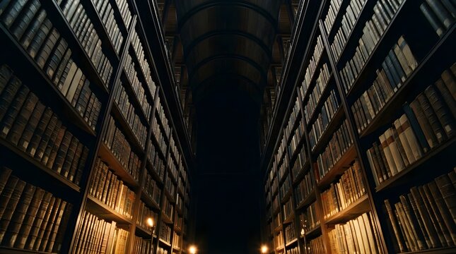Low angle view of tall wooden bookshelves filled with vintage books in a dim library