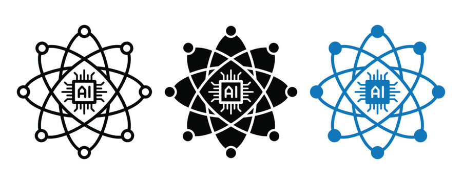 Set of artificial intelligence atom and neural network icons with artificial intelligence technology processor computing innovation advanced research learning algorithm abstract structure