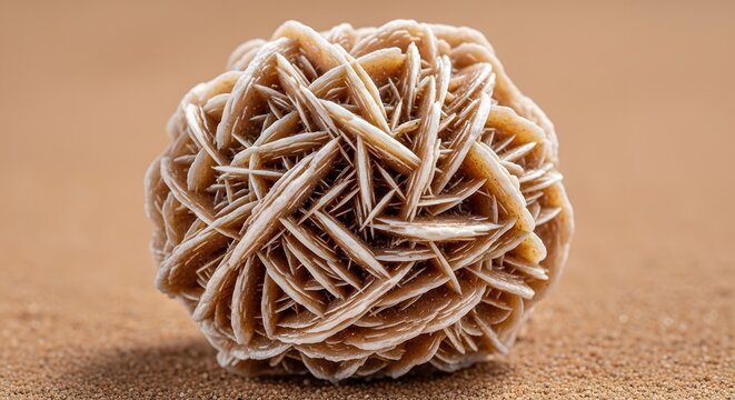 Desert rose mineral formation with crystalline structure in soft sand during warm daylight