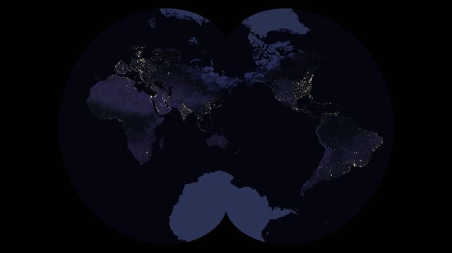 August world map in epicycloidal conformal projection. Animated night lights show global city patterns. Dark earth landscape, Antarctica visible. Elements of this animation derived from NASA imagery.