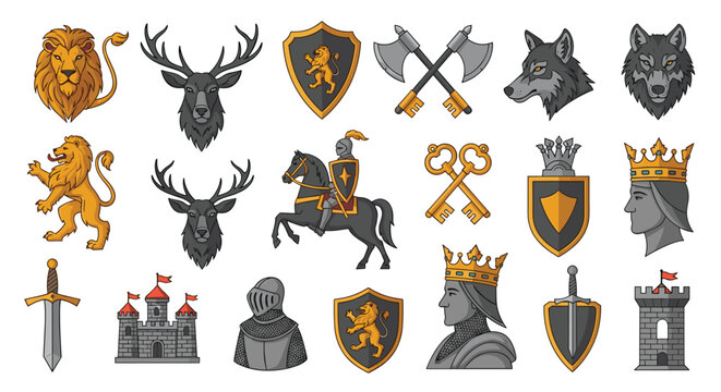 Large collection of heraldic design elements including knights, wolves, lions, crowns, swords, and castles.