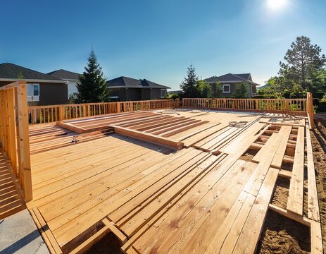 construction of wooden deck frame takes place in residential area