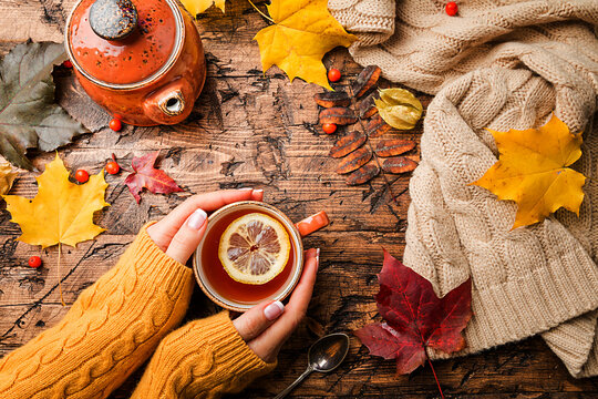 Cup of hot tea with lemon in woman's hands holding it over wooden autumn background with leaves and plaid Top view. Warm drink concept.