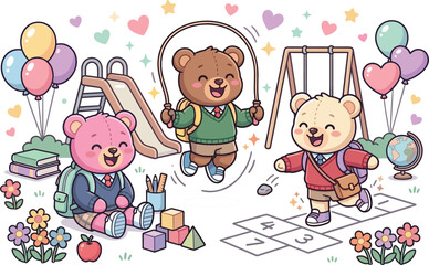 Fototapeta premium Cute Teddy Bear Friends Playing at School Playground with Jump Rope, Hopscotch, Books, Balloons, and Happy Childhood Cartoon Vector Illustration