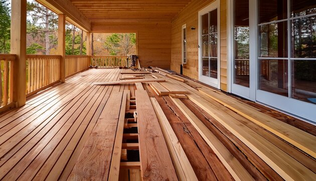 work is ongoing to replace floor in porch with wooden beams unfinished wood boards