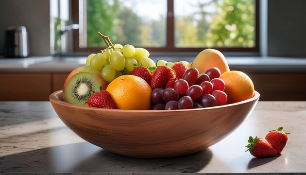 fresh fruit arranged in a bowl sitting on a countertop ready for snacking or serving