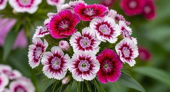 Dianthus barbatus cluster in bright daylight with soft green bokeh background and selective focus