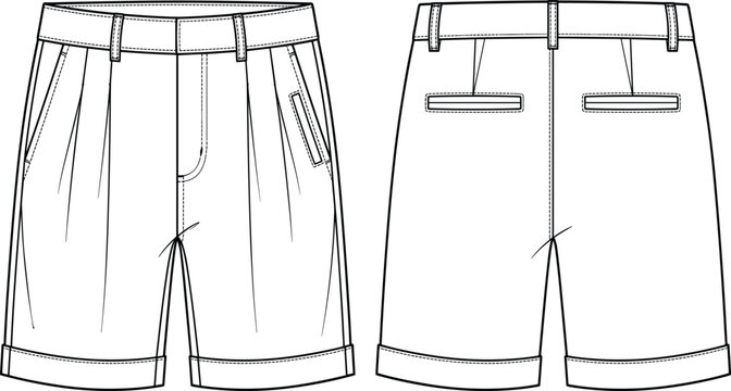 Fashion flat sketch of casual tailored men shorts with pleated front vector illustration