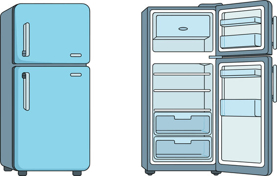 Blue refrigerator vector set, open and closed empty retro kitchen fridge appliance icons
