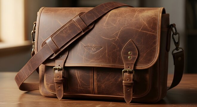 Distressed brown leather messenger bag with adjustable strap on a wooden surface with soft window light