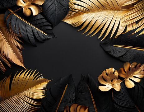 luxury floral background with golden and black palm monstera leaves on black background with empty space for text