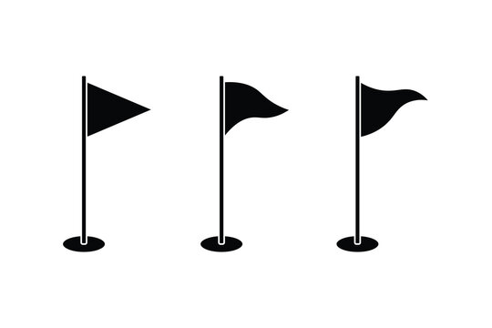 Solid golf flag icon set with different flag shapes for golf course, sport, map marker and location design