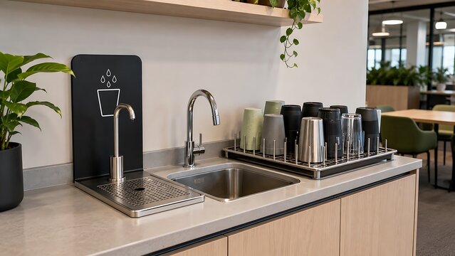 Modern office kitchen break room area featuring a water dispenser station and a rack of clean drinking glasses