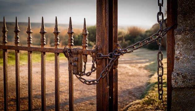 a rusty iron gate with a chain hanging from it possibly secured or closed