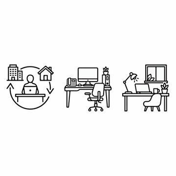Remote work line icon set, hybrid office and home workspace illustrations, professional business desk and computer vector graphics for corporate web design