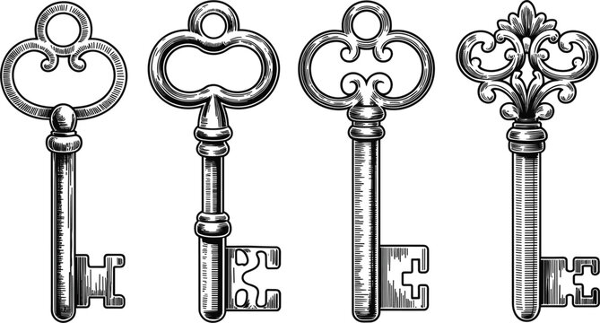 Vintage skeleton keys vector set, antique medieval castle or palace metallic door openers