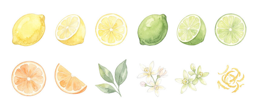 Watercolor citrus fruit illustrations set of lemons, limes, and oranges with slices, blossoms, leaves, and peels isolated on a black background for summer food patterns, cooking recipes, and branding.