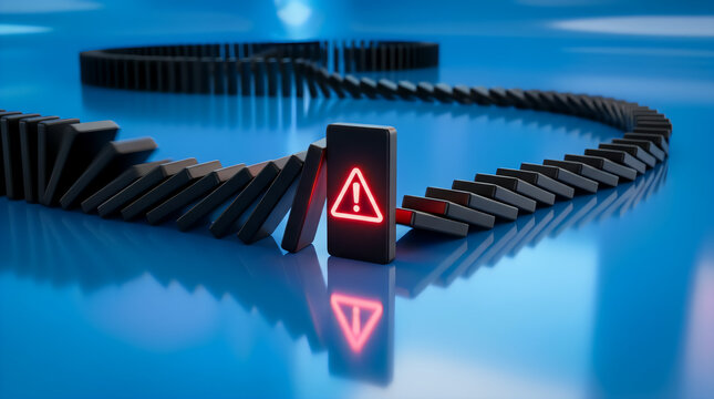 Cybersecurity and risk management concept showing domino effect stopped by a warning sign blocker on blue background
