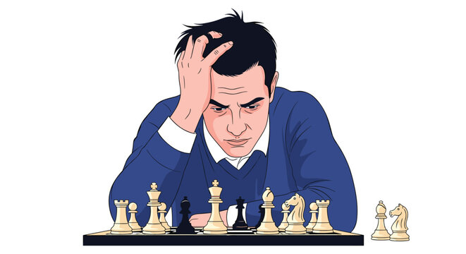 Focused young man thinking deeply over a chessboard with his hand on forehead during a challenging game of chess.