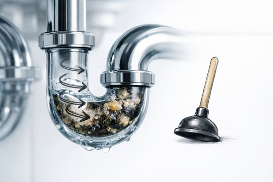 A transparent sink drain pipe trap clogged with accumulated debris next to a plumbing plunger tool for maintenance