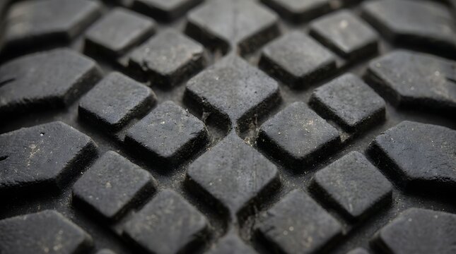 Close-up of textured rubber surface with anti-slip grip pattern. Durable black tread design for safety and traction in industrial use.