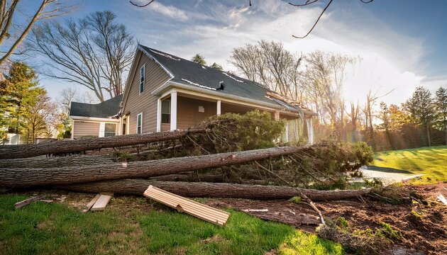 storm damage shows fallen trees roof repairs on house in suburban area