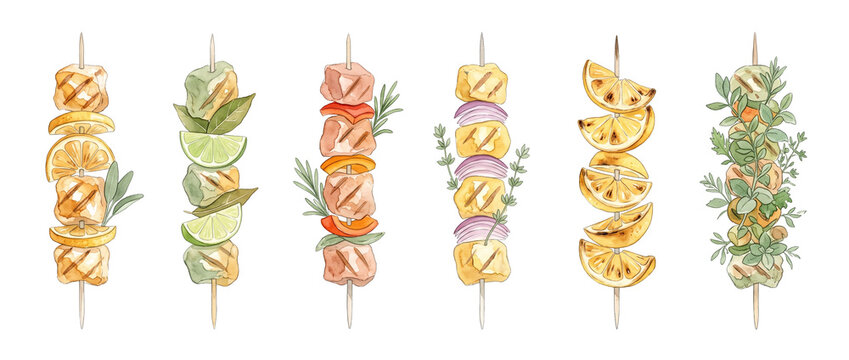 Grilled meat skewers watercolor clipart set of barbecue shish kebab with vegetables, lemon, lime, onion, and fresh herbs, isolated on black background for menu design, culinary art, and food pairings.