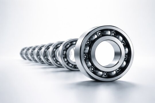 A row of metallic ball bearings aligned in perspective showcasing industrial precision engineering components