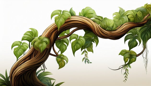 twisted jungle branch with plant growing isolated on a white background