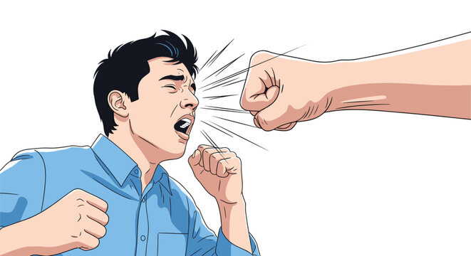 Terrified young man screaming as a giant fist punches him, representing physical aggression and violence.