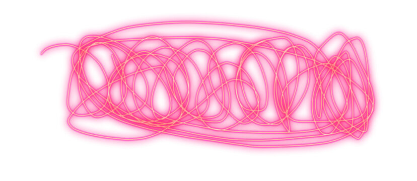 Vibrant neon pink glowing scribble brush stroke with messy tangled loops and bright light effects presented on transparent background